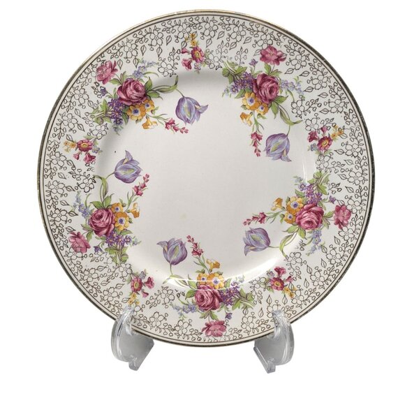 Vintage Grenville Ware Tunstall Plate (England) Floral White Pink Gold Decor - Picture 8 of 8